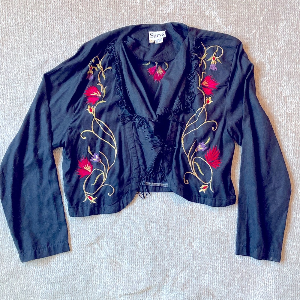 Vintage Surya Embroidered Fringe Jacket Black Floral Cropped Boho Large